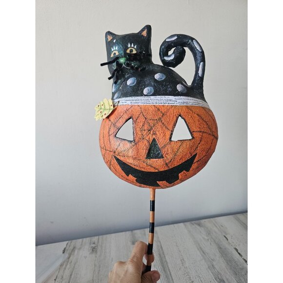 Halloween shabby chic cat pumpkin face mask hanging unique paper mache decor - Picture 1 of 11